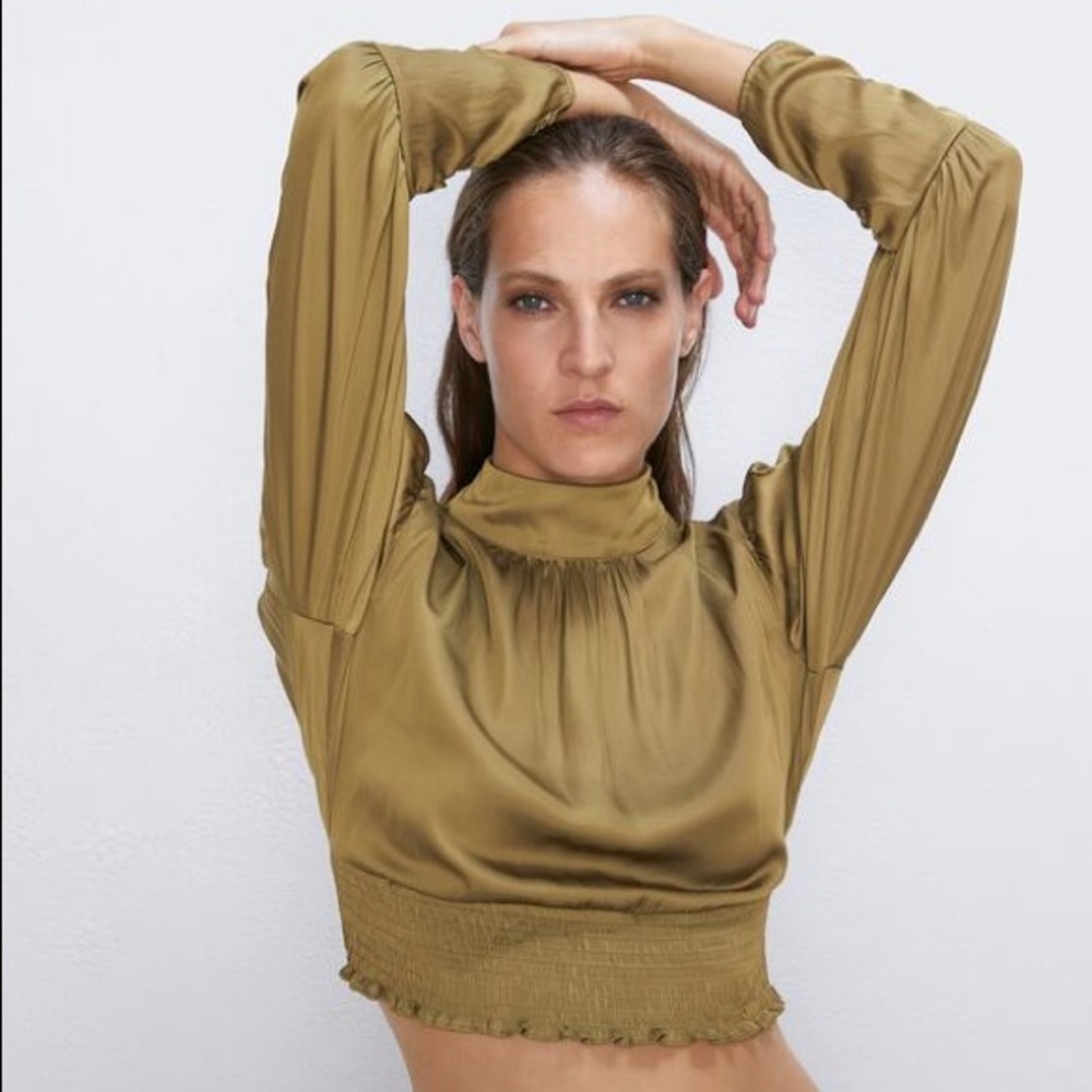 Zara green satin tie blouse